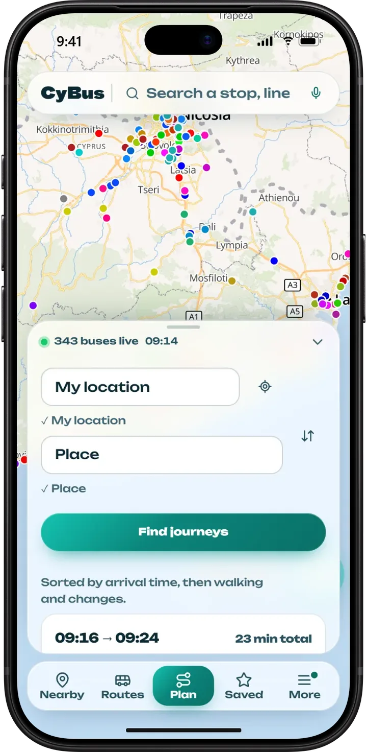 The journey planner showing a trip with its departure and arrival times