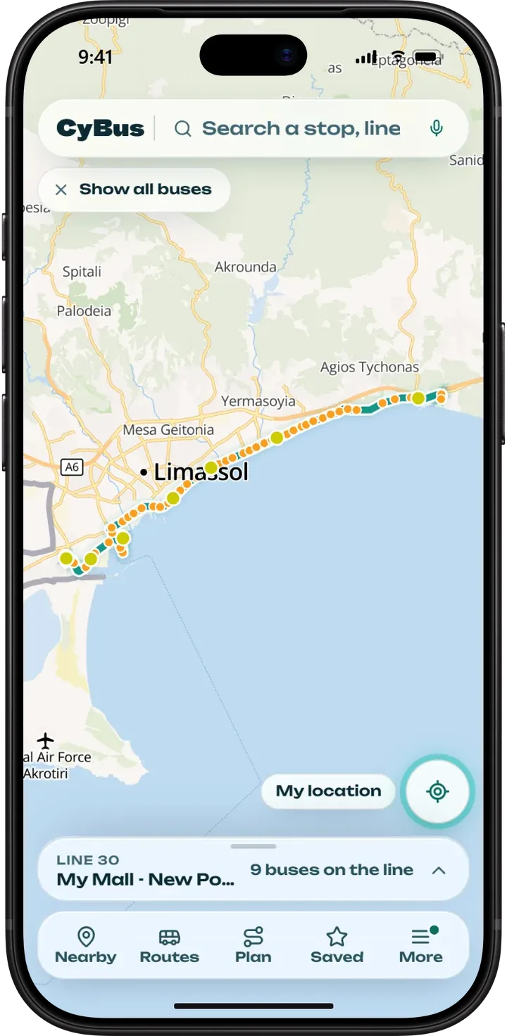 A bus route drawn across the map of Limassol